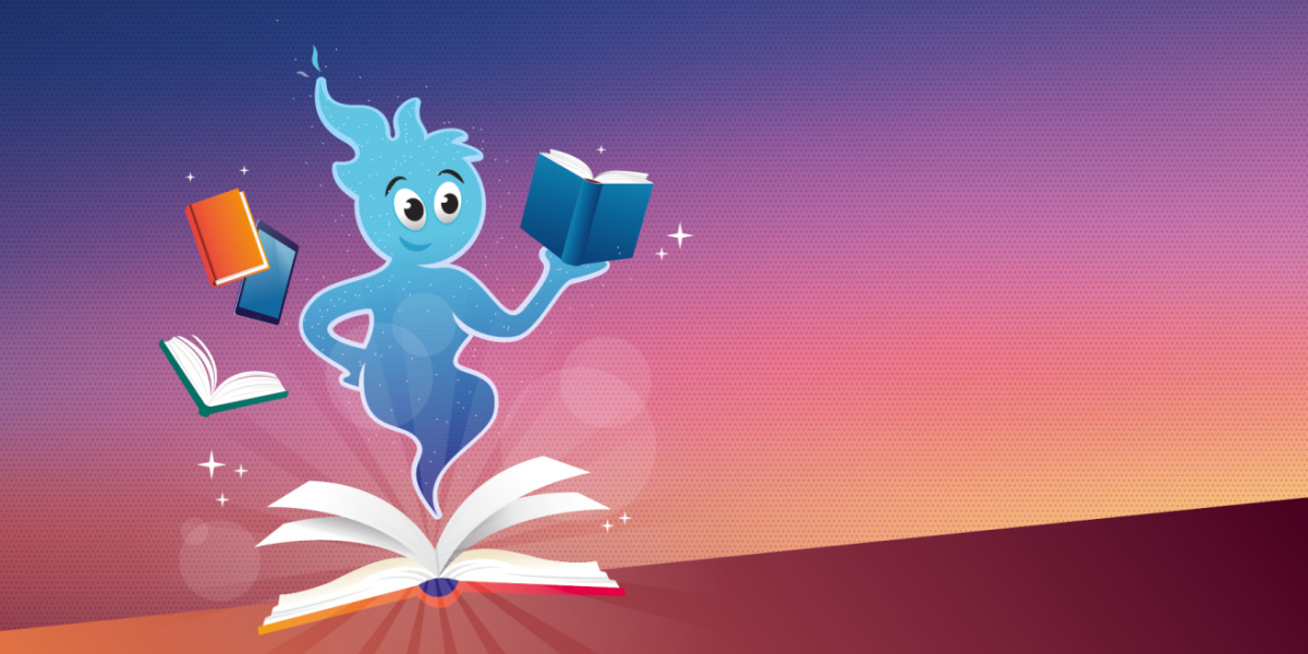 Das Bild zeigt im Mittelpunkt einen blauen, geisterartigen Charakter, der aus einem geöffneten Buch herauskommt und Bücher in der Hand hält. Um ihn herum schweben weitere Bücher und ein Tablet. Der Hintergrund ist ein Farbverlauf von dunklem Lila zu Hellr Das Bild zeigt im Mittelpunkt einen blauen, geisterartigen Charakter, der aus einem geöffneten Buch herauskommt und Bücher in der Hand hält. Um ihn herum schweben weitere Bücher und ein Tablet. Der Hintergrund ist ein Farbverlauf von dunklem Lila zu Hellr